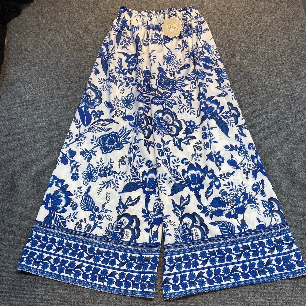 Brand New Indulge Womens Small Blue White Floral Flowy Wide Leg Palazzo Pants